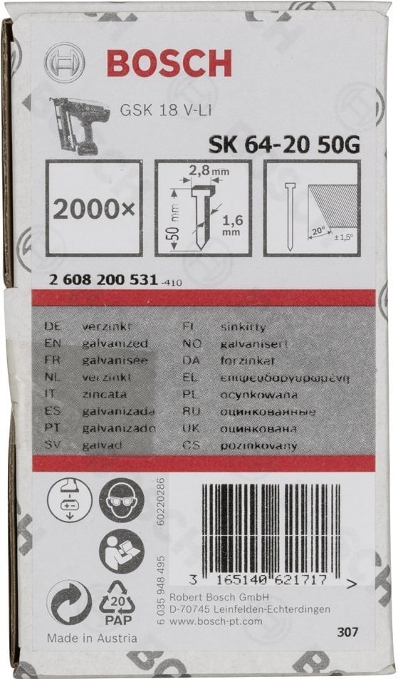 BOSCH Başsız Çivi 20ᵒ 50 mm Galvanizli 2000LI