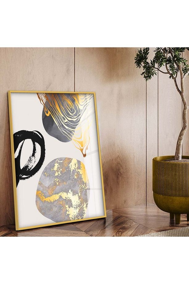 Gold Metal Çerçeveli Modern Çizim Kırılmaz Cam Tablo