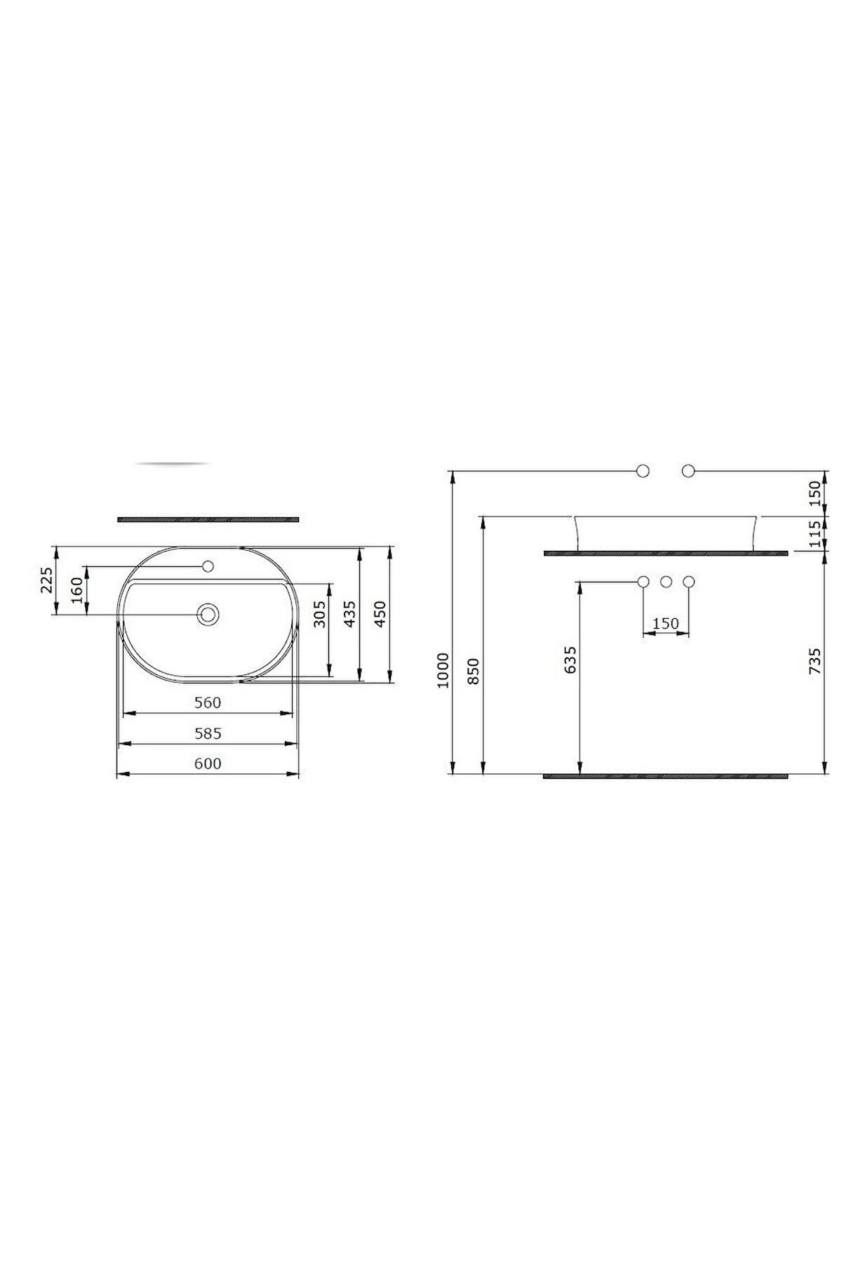 SOTTİLE SLİM LİNE 1600-001-0126 OVAL TEZGAH ÜSTÜ BATARYA BANKLI LAVABO 60*45 CM