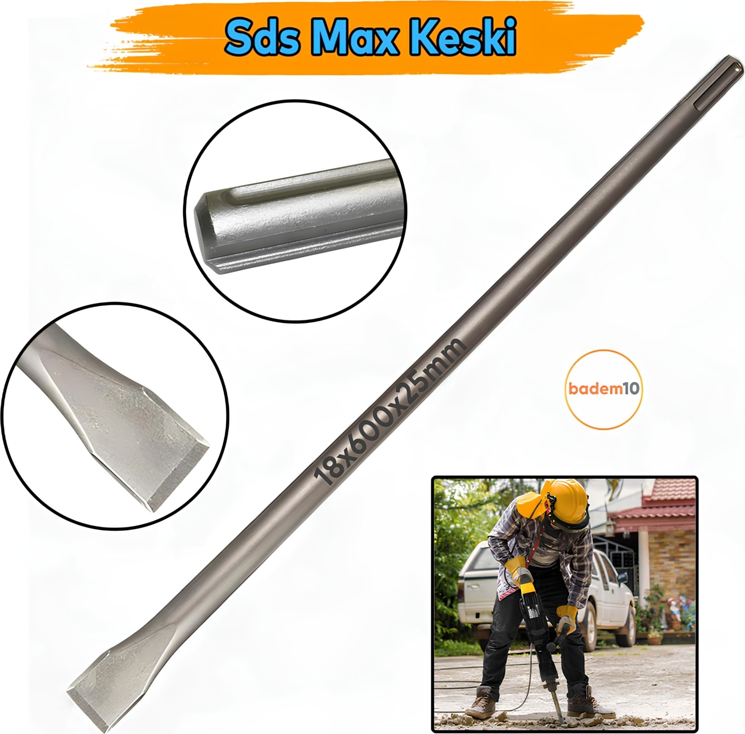 Sds Max Şaftlı Keski 18 mm x 600 mm x 25 mm Hilti Ucu Beton Taş Kaya Kırıcı Kırma Adaptörü