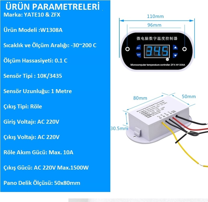 W1308A 220V 10A -30~+200C Termostat
