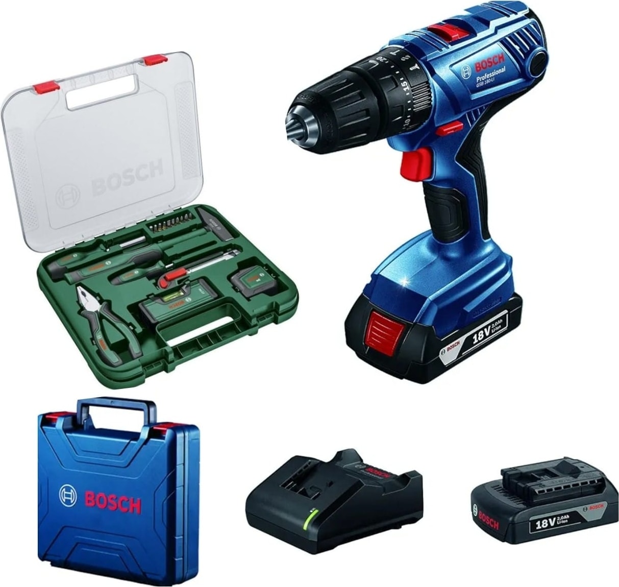 BOSCH Gsb 180'LI Darbeli Şarjlı Matkap Vidalama Çift Batarya ve  17 Parça El Aleti Seti Hediye