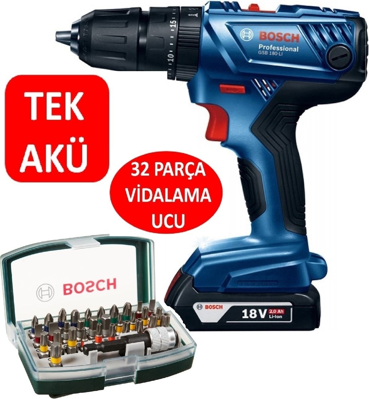 Tek Akülü Şarjlı Matkap Darbeli Matkap 18v Akülü Vidalama +  32 Parça Vidalama Ucu Seti 1