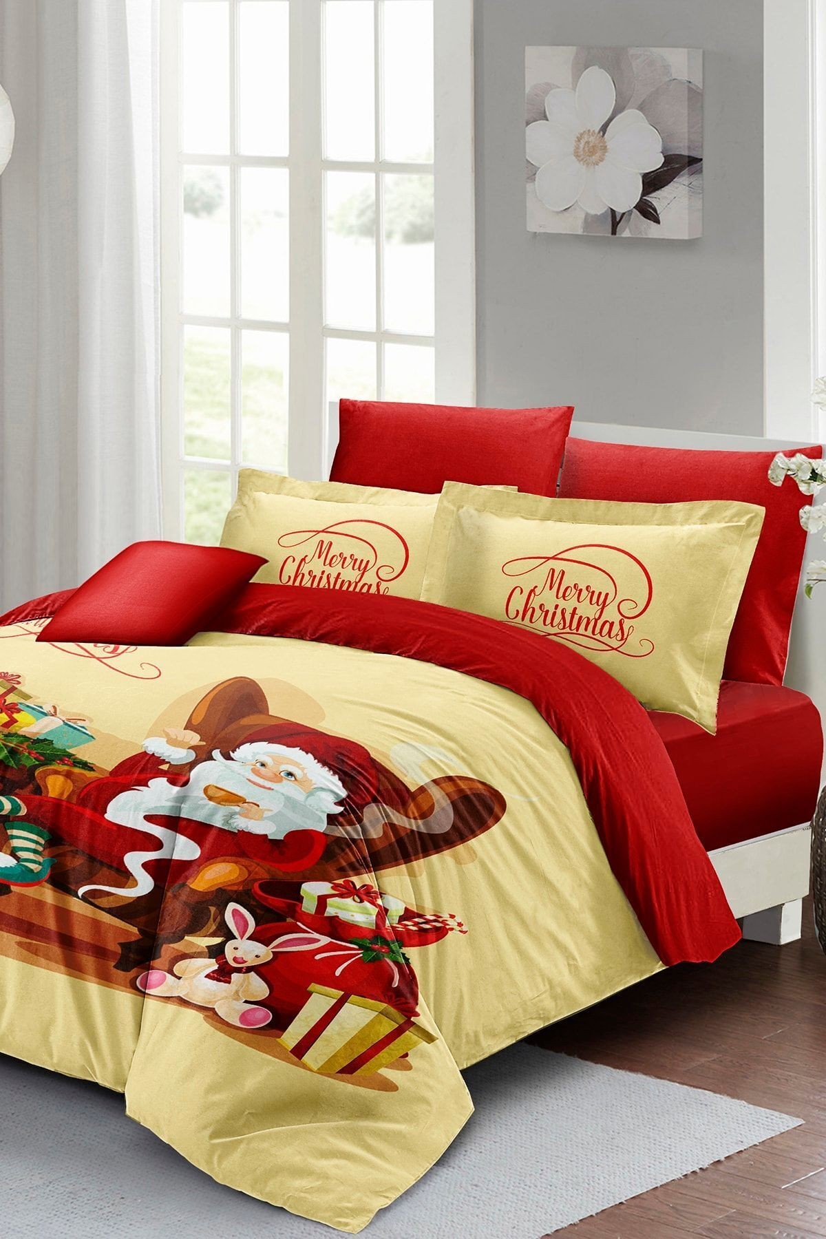 Yılbaşı Süsü Noel Baba Noel %100 Pamuk Saten 3d Çift Kişilik Nevresim Takımı