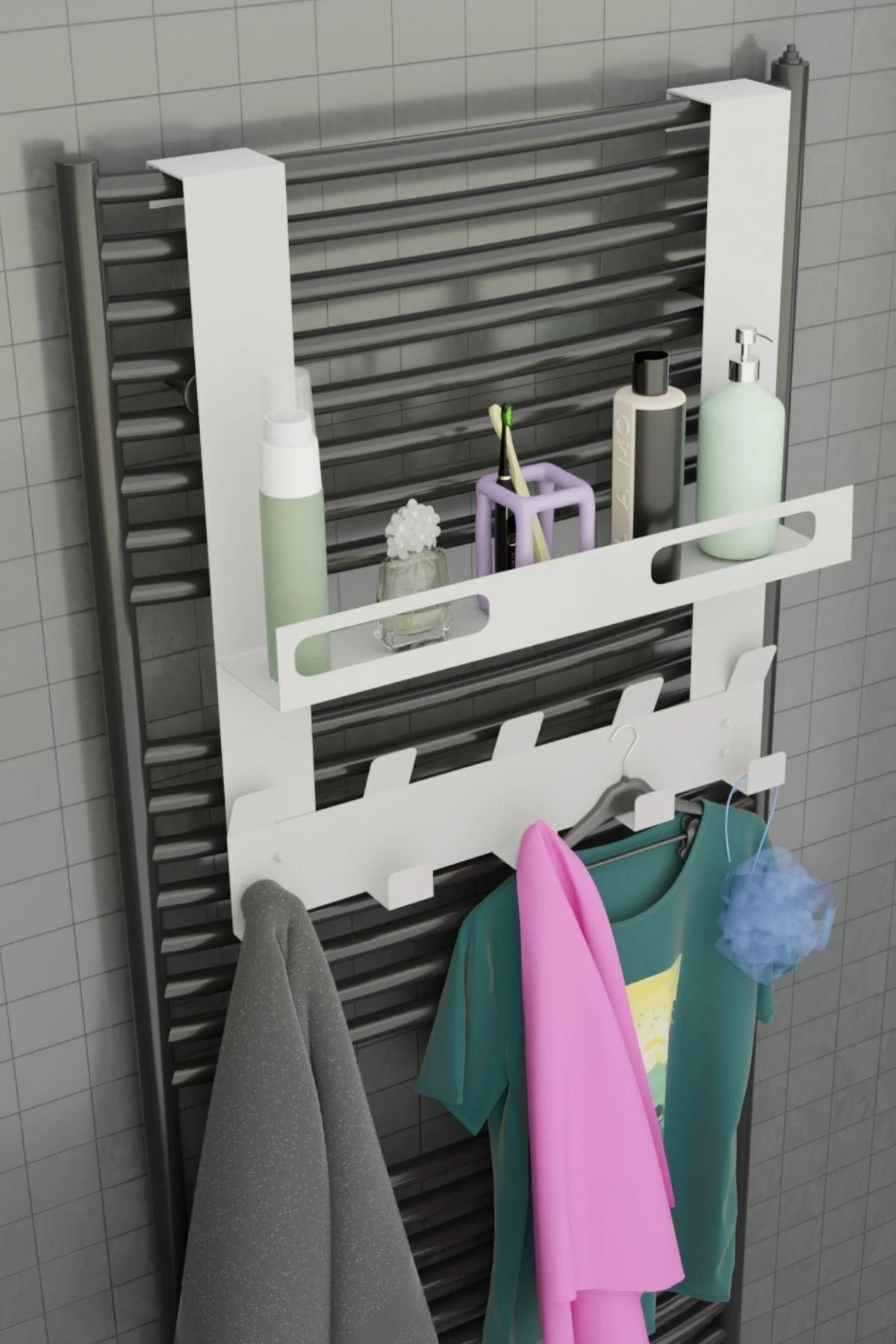 Beyaz Raflı Havlupan Askısı Banyo Petek Askısı ve Raflı Havlu Askılığı, Banyo Peteği Askılığı MT105B