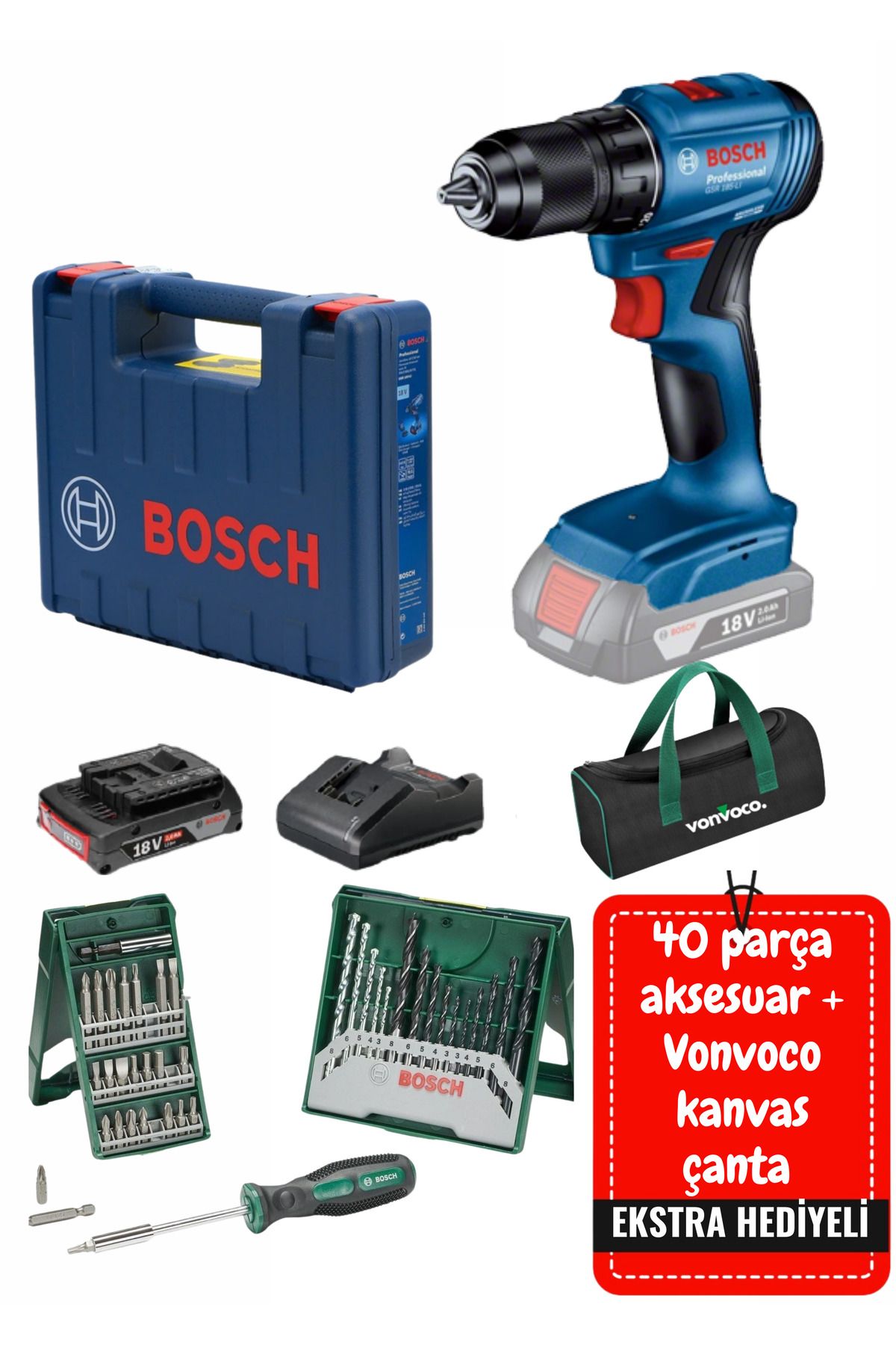 BOSCH Gsr 185 Li Tek Akülü Kömürsüz Matkap Vidalama Profesyonel Darbeli Şarjlı Matkap