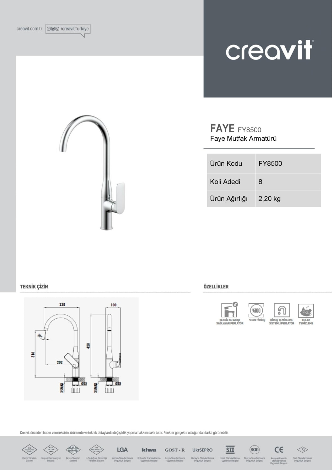 FY8500 Faye Lüx Evye Mutfak Armatürü Bataryası