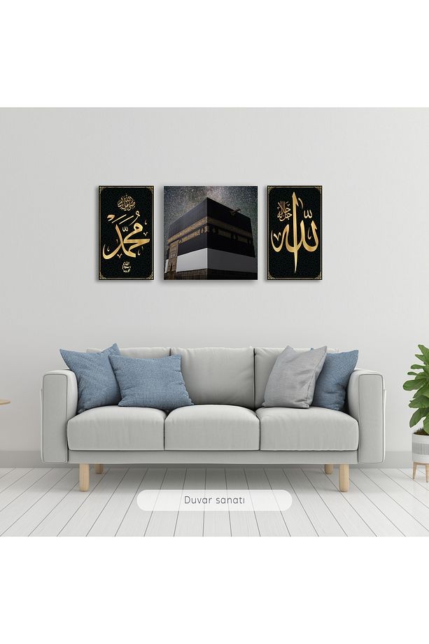 Kabe Allah Muhammed Üçlü Set Cam Tablo, Dini İslami Ev Ofis Salon Duvar Dekoru Hediyelik Büyük