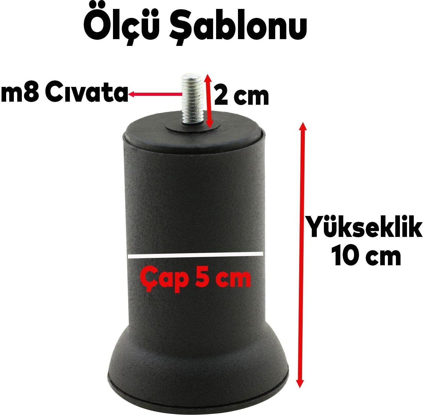 Mobilya Yatak Metal Kanepe Baza Koltuk Orta Destek Ayağı M8 Civata Siyah Metal Ayak 10 cm