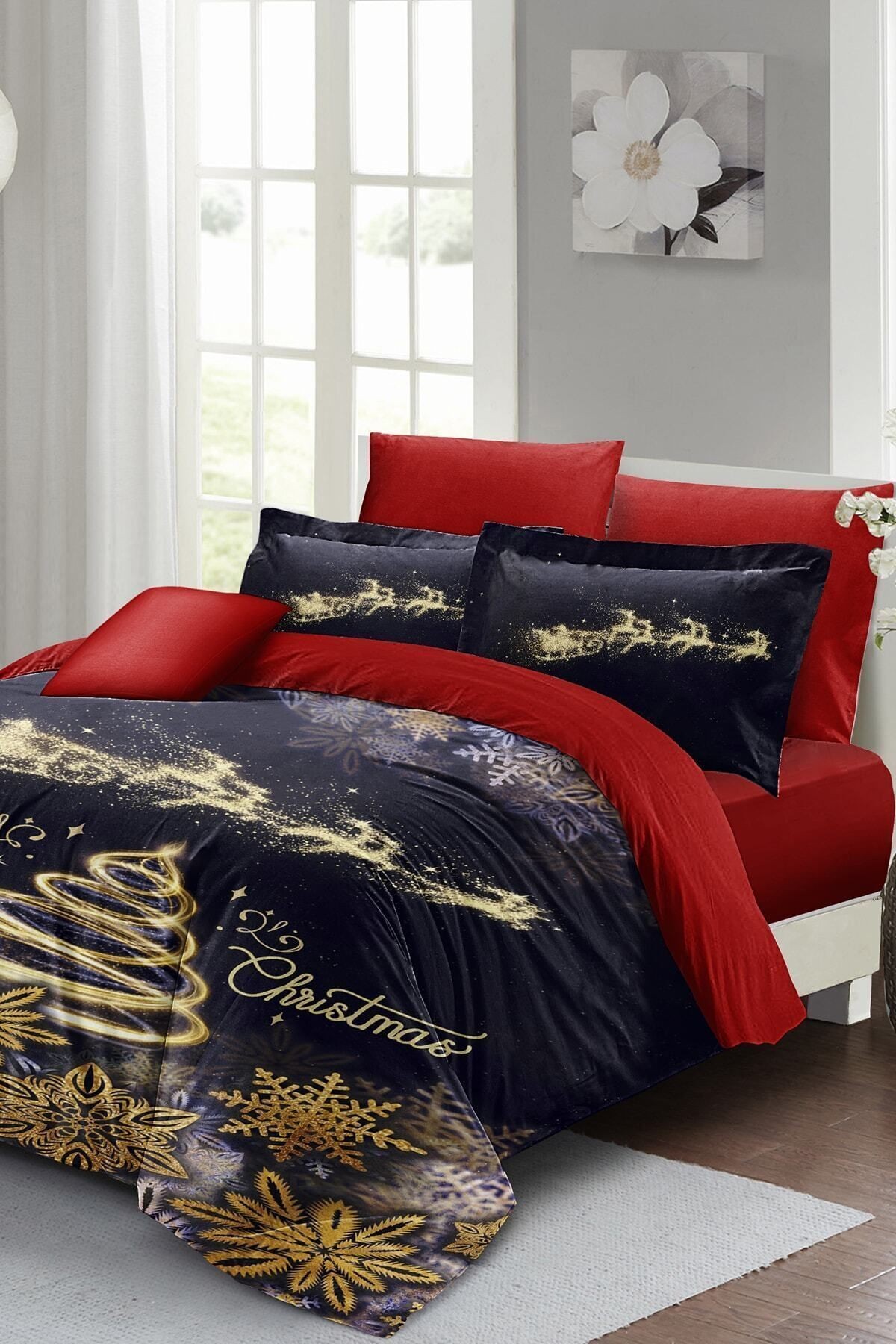Yılbaşı Nevresim Takımı (Lastikli Çarşaflı) Çift Kişilik %100 Pamuk Saten Gold Noel