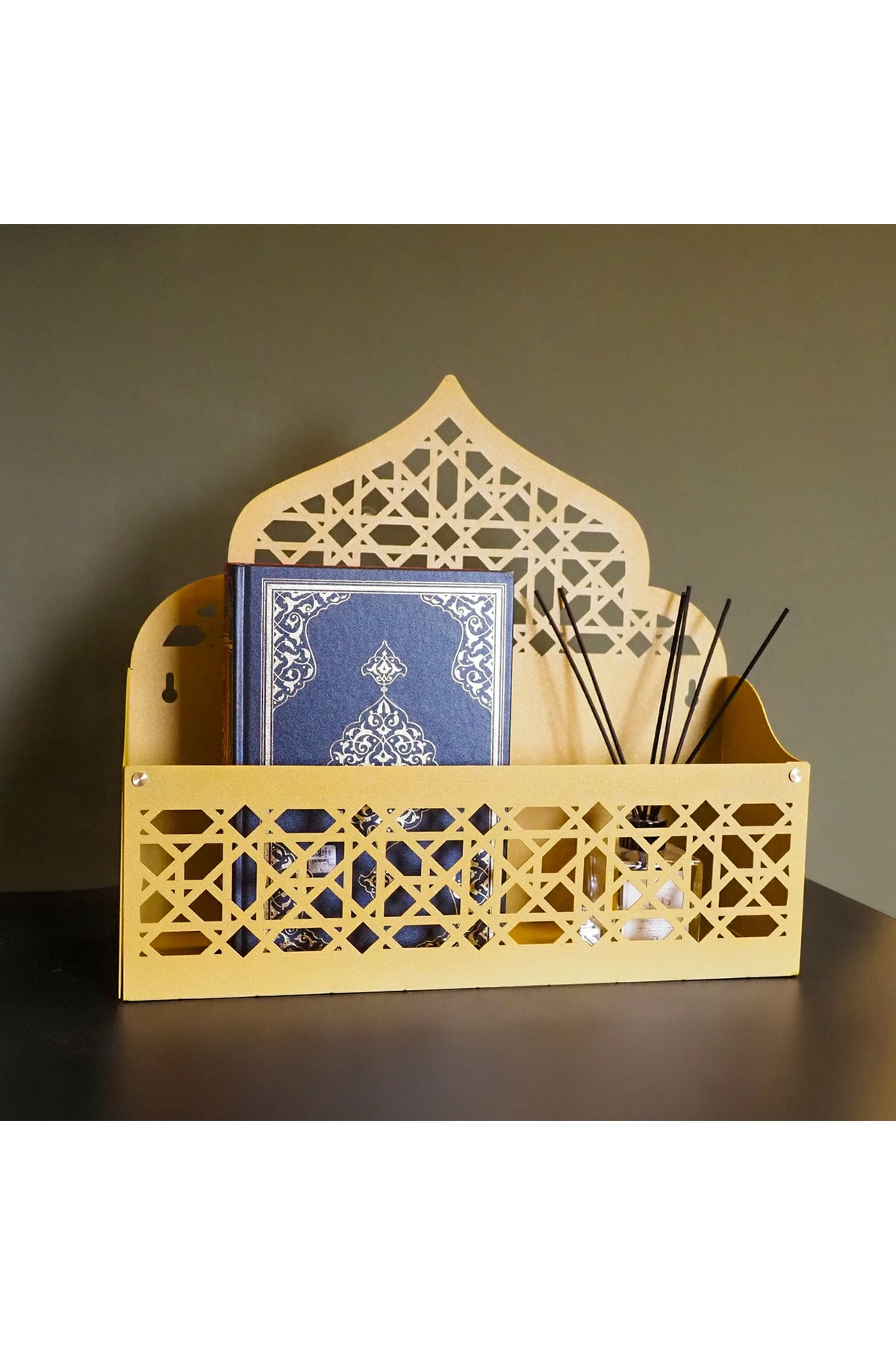İslami Motifli Metal Duvar Organizeri – Seccade & Kur’an Rafı - WAMH200