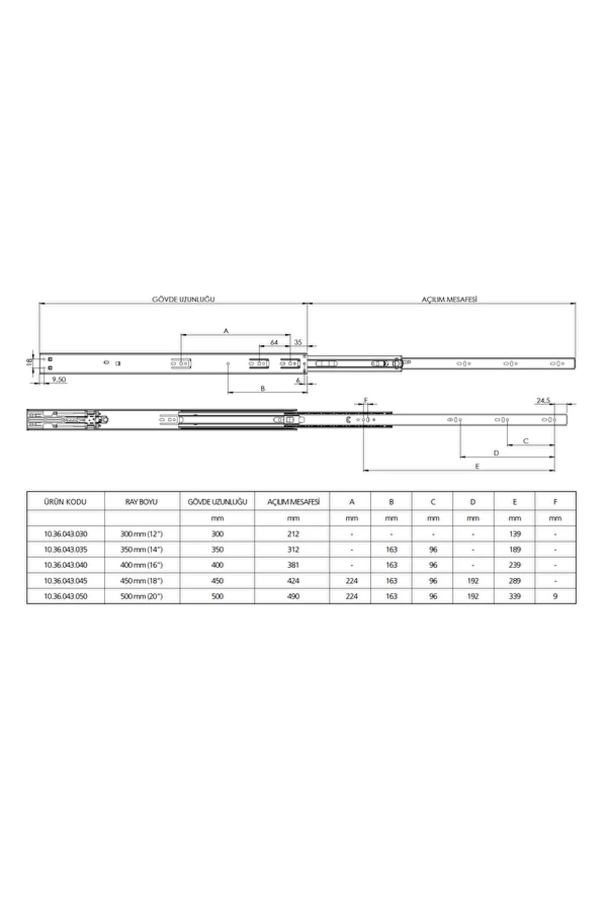 En 43 mm Teleskopik Bilyalı Çekmece Rayı Kaplamalı - 40 cm (4 Takım)