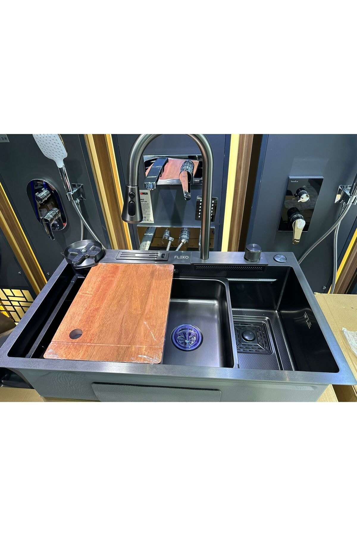 YENİ Teknolojik Yağmurlama,Kesme Tahtası,Bıçaklık,2 Tepsi Ankastre Evye Seti ANTRASİT