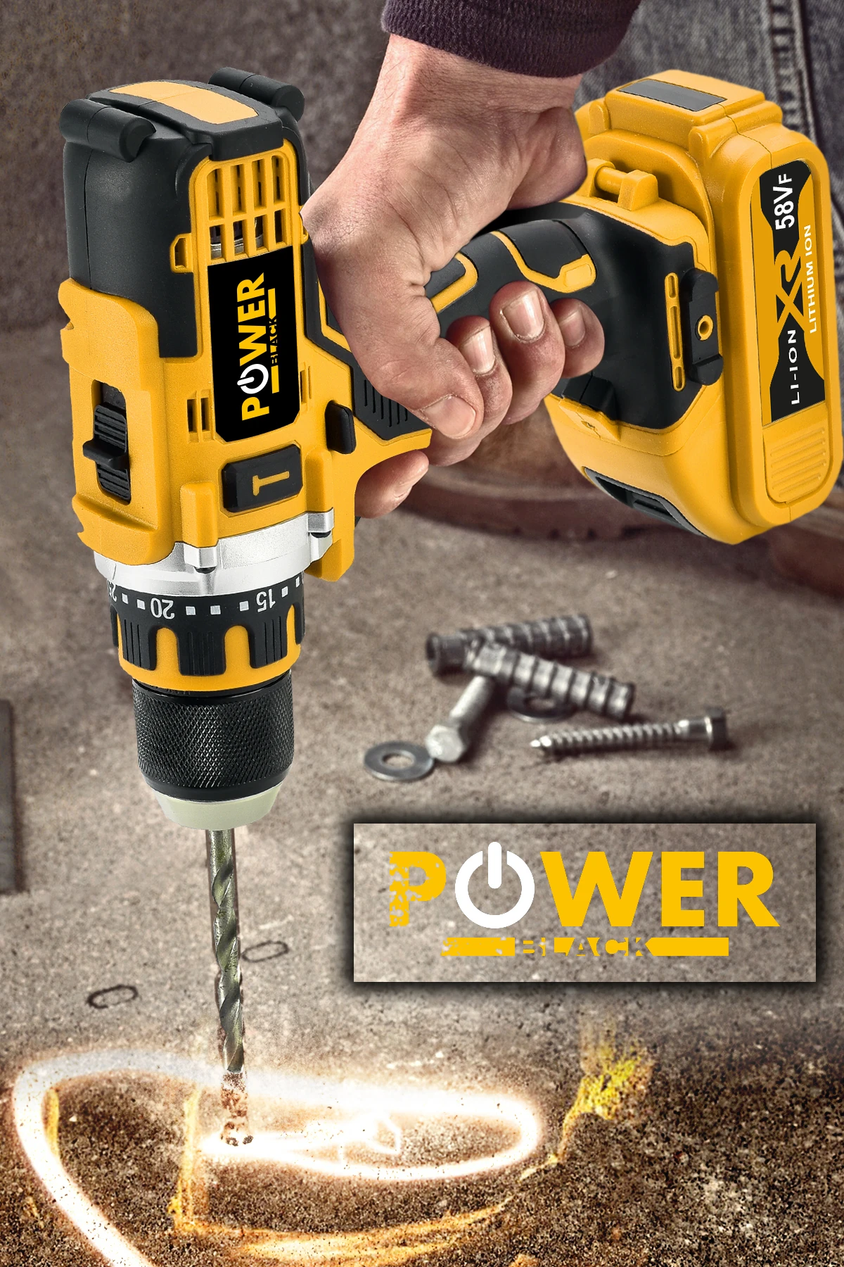 POWEBLACK PRO Germany Technology 58Vf 5Ah Çelik Mandren Çift Akülü Vidalama Şarjlı Matkap Seti