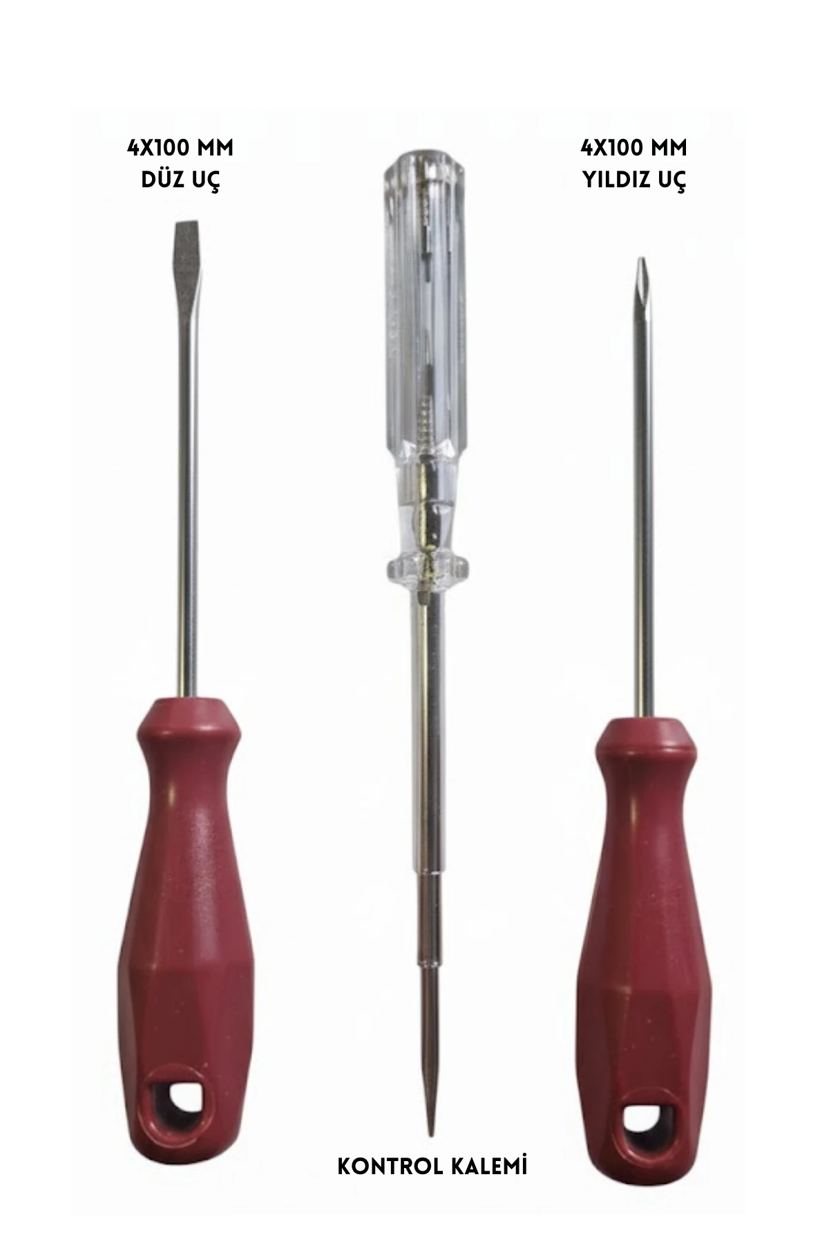 3 Parça Tornavida Seti - 4x100mm Yıldız ve Düz Uç - Kontrol Kalemi - Profesyonel Set - Hem Ev Hem İş