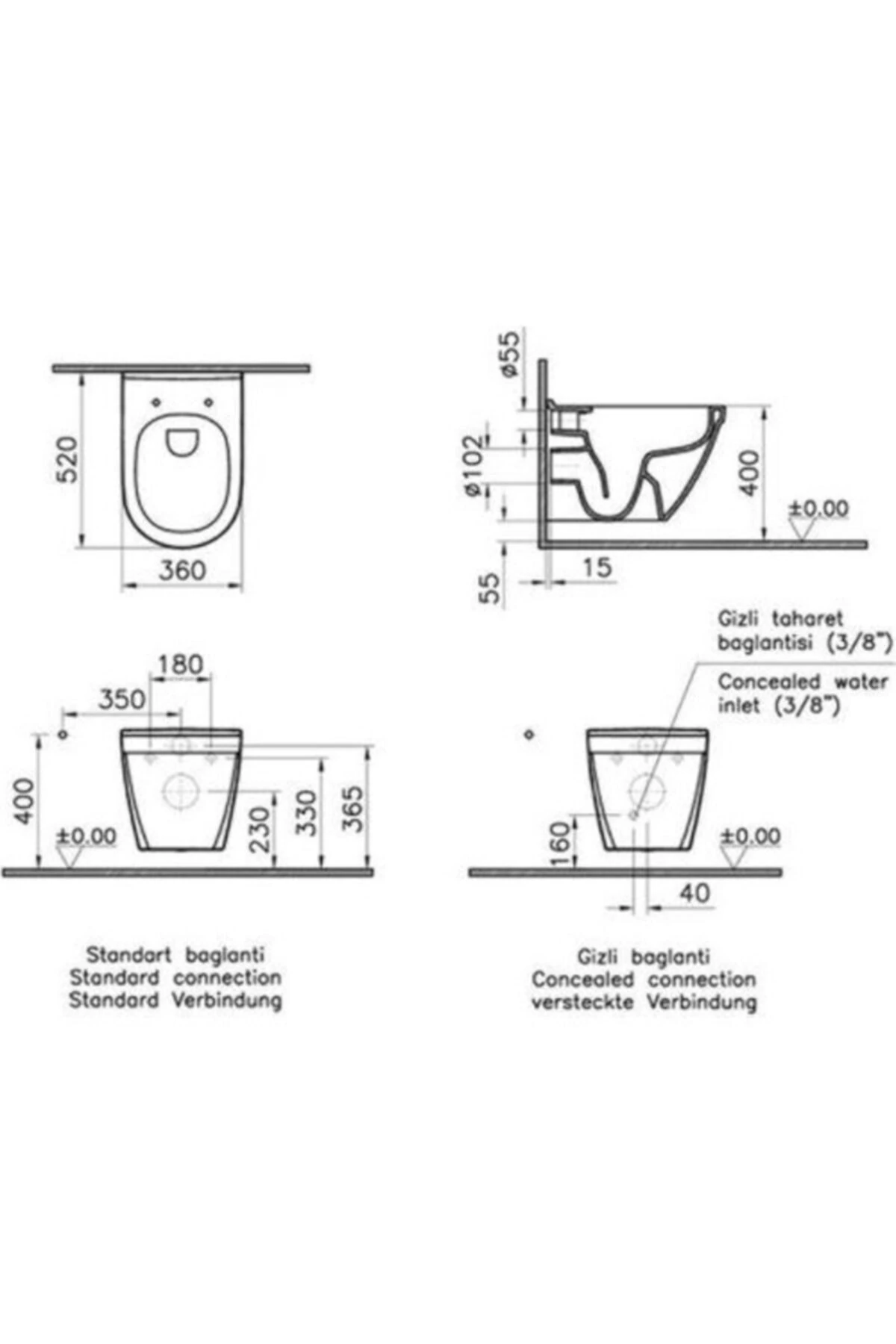 S50 Asma Klozet Taharet Borulu 54 Cm 5618l003-0850 + Klozet Kapağı