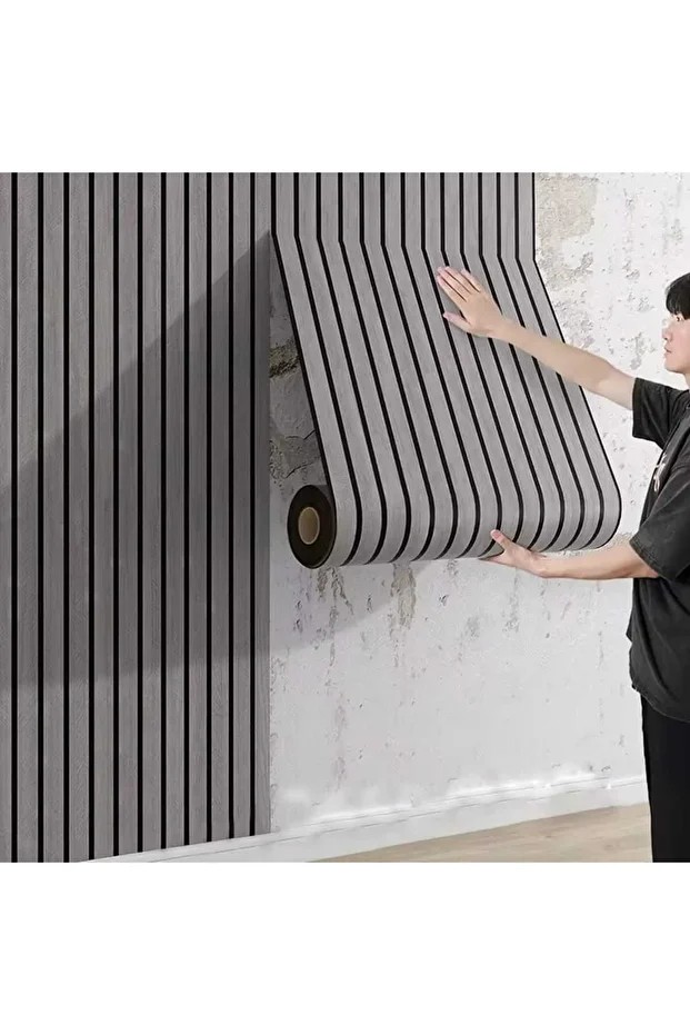 60cmx250cm 1 Adet Gri 3D Yapışkanlı SXP Akustik Lambiri Desenli Duvar Paneli Kağıdı 3107-2
