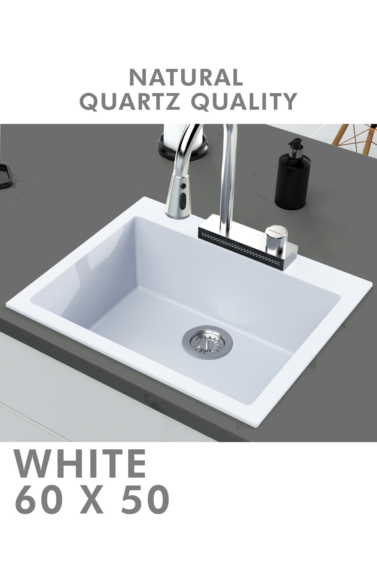 Granit Eviye 1 Gözlü Beyaz 60x50 Granit Evye Kuvars