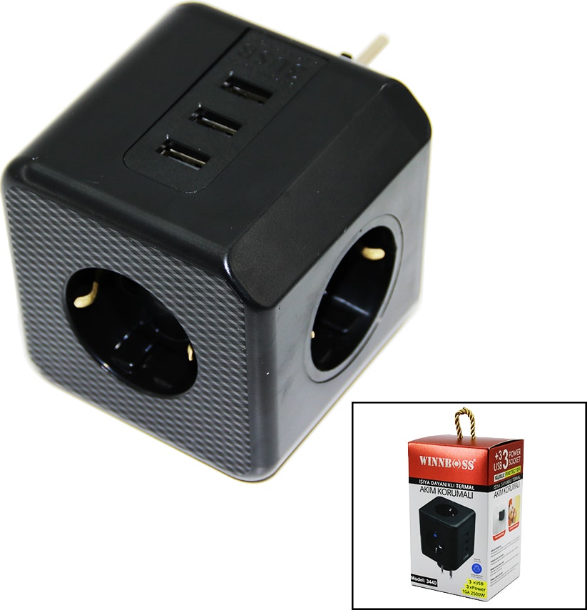 Termal Akım Korumalı 3x Priz 3x USB Duvar Tipi Priz Siyah 10A - 2500W (4604)