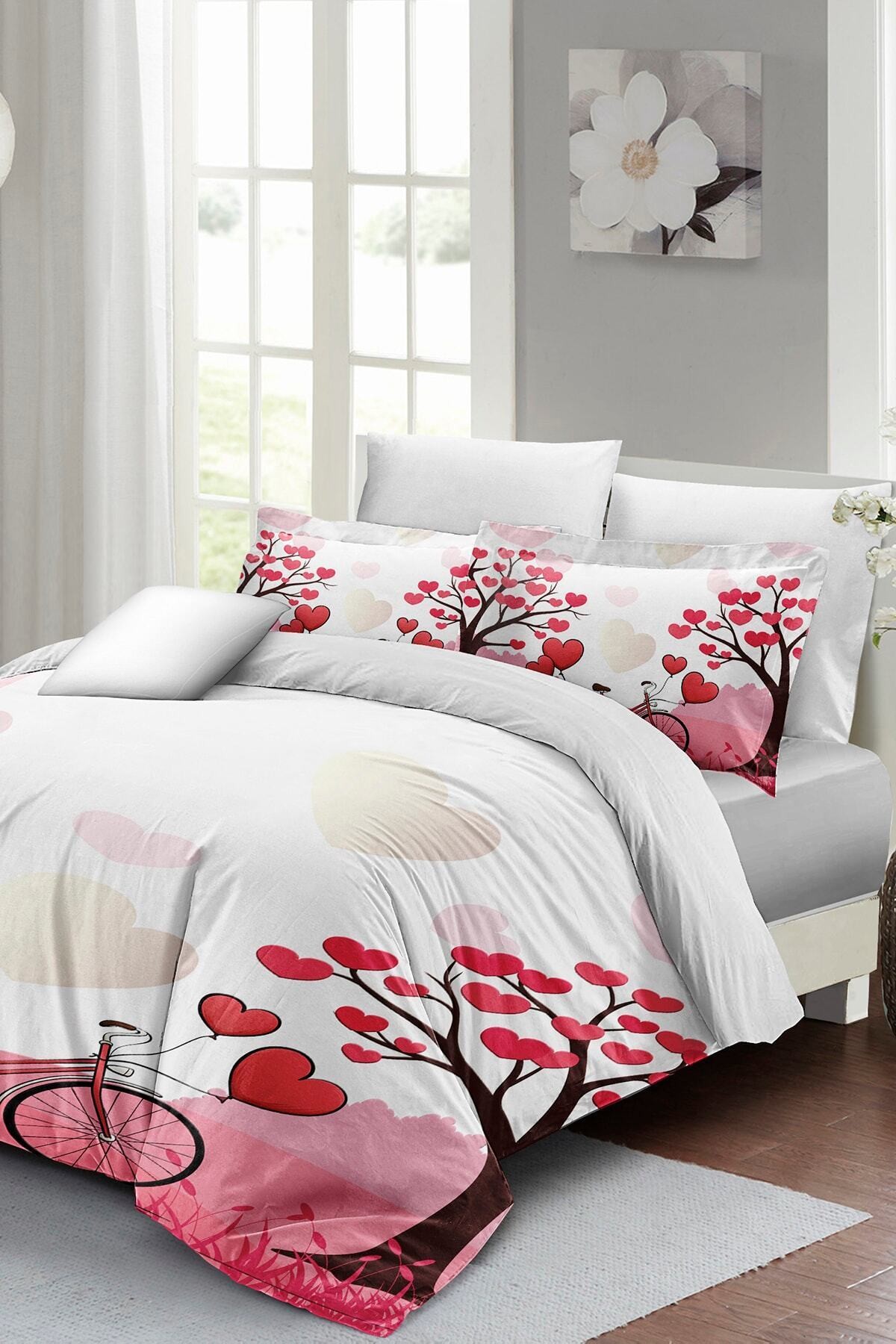 Kıng Sıze Sevgililer Günü Çift Kişilik Nevresim Takımı%100 Pamuk Saten White Love 220x240cm