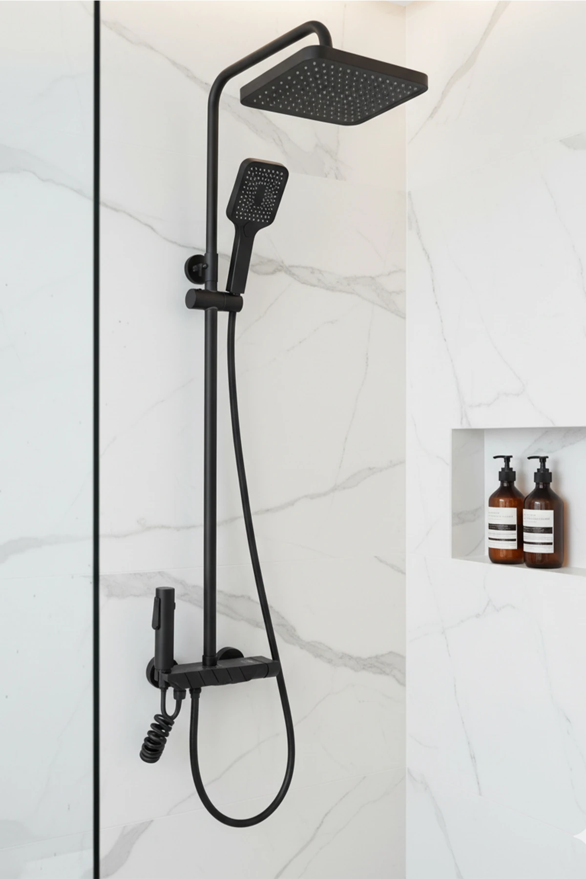 Siyah Robot Tepe Duş Seti Yağmur Tepe Banyo 4 Tuşlu Batarya Dahil Siyah Duş Seti