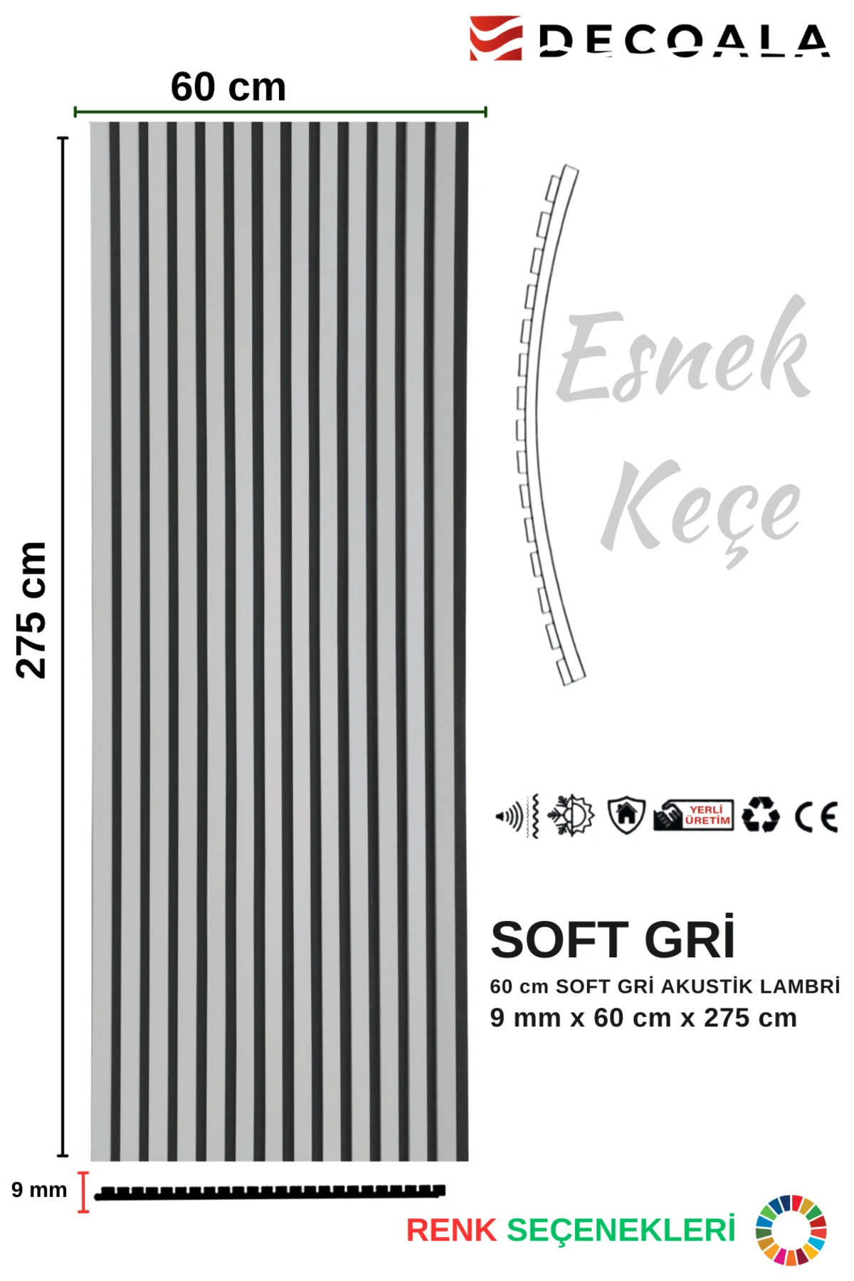 MDF Ahşap Akustik Puvar Paneli 60X275 cm- Soft Gri