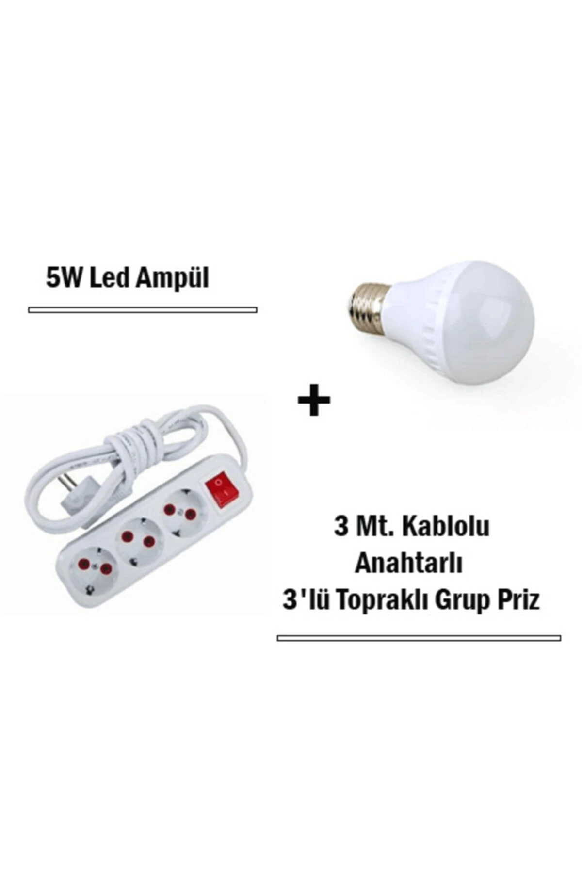 5w Led Ampul + 3 m  Uzatmalı Anahtarlı 3lü Priz Set