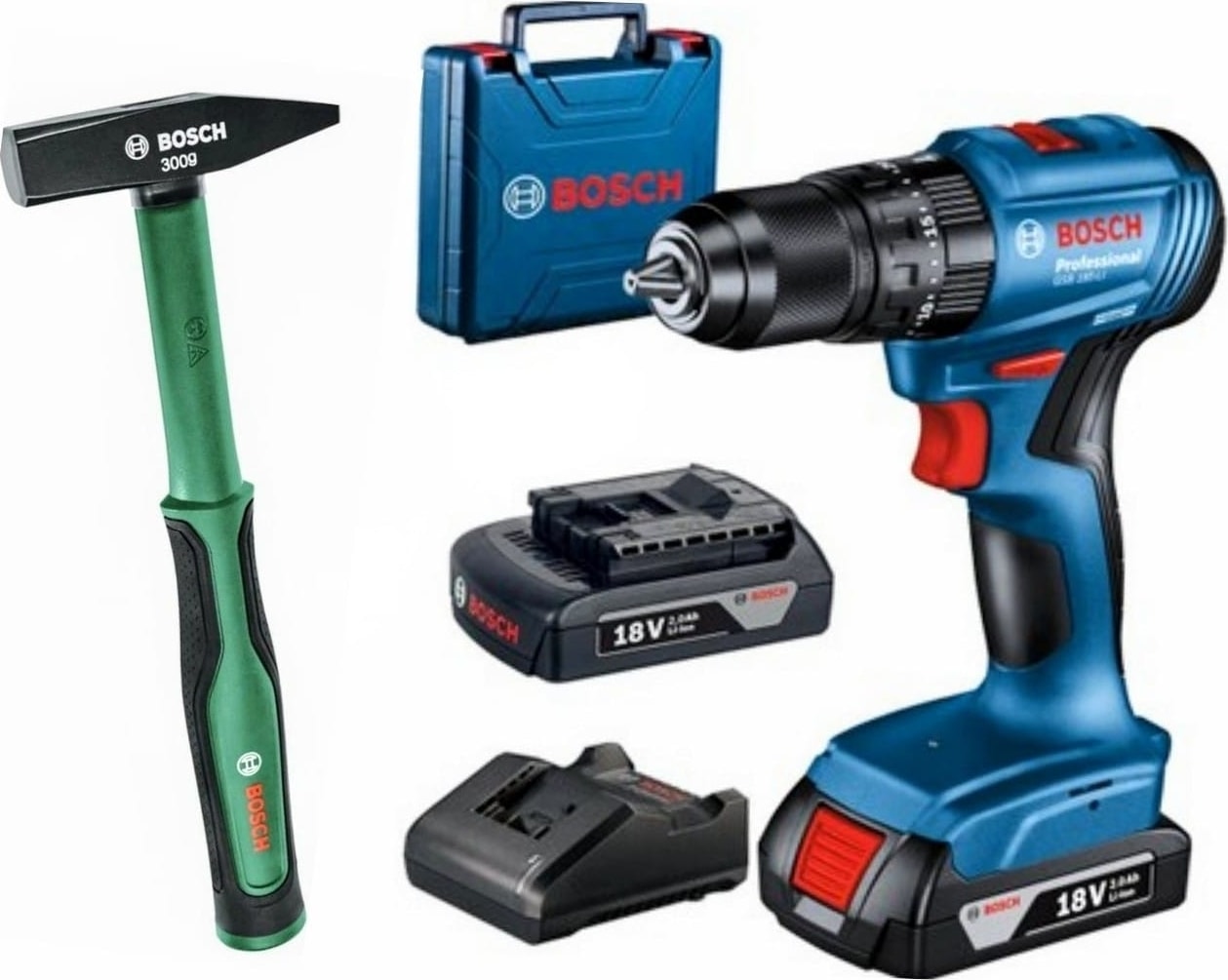 BOSCH Gsb 185-LI Kömürsüz Darbeli Çift Akülü Şarjlı Matkap Vidalama ve  300 G Çekiç