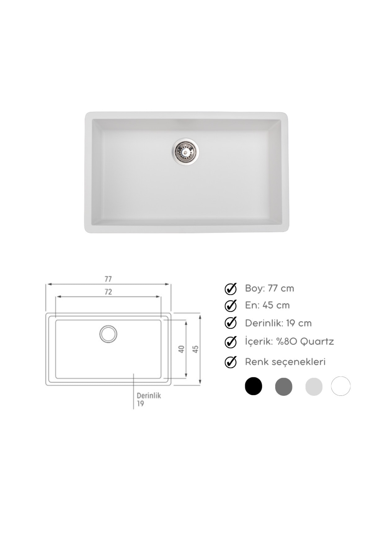 Granit Evye Beyaz Tek Gözlü Mutfak Evyesi 77 X 45 Cm