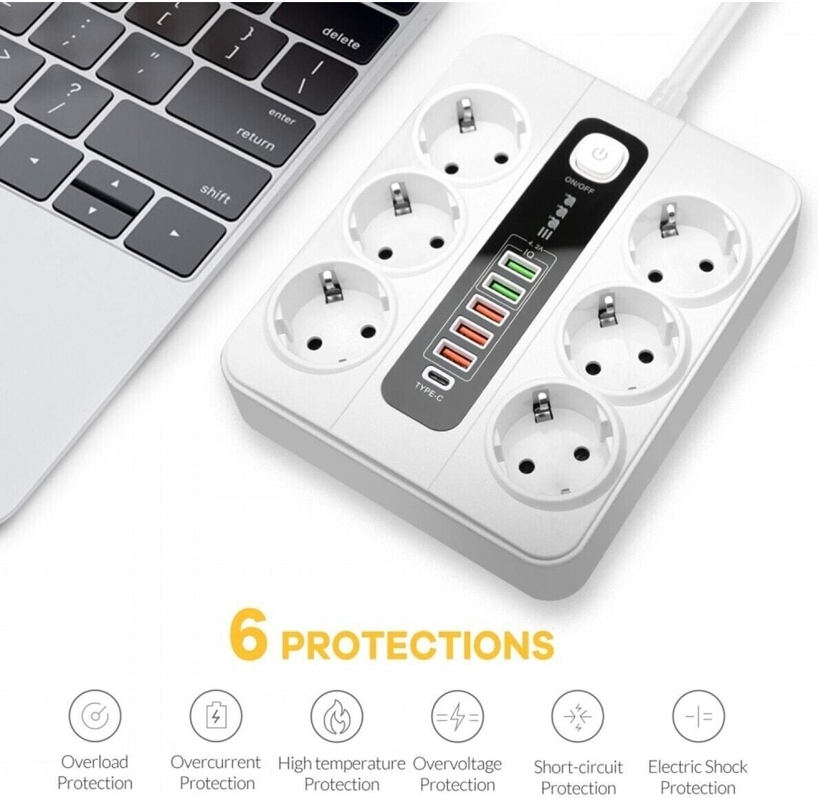 Termal Akım Korumalı 3000W 6 Lı Priz 2 Metre Uzatma Kablosu Çoklu Priz 5 USB 1 Type C Pd Giriş