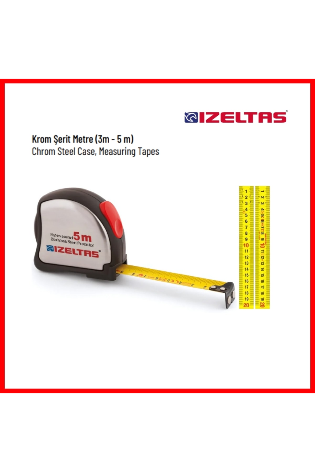 Şerit Metre, Mıknatıslı Uç, Krom, 5 M, 19 Mm, Yüzeye Yapışan