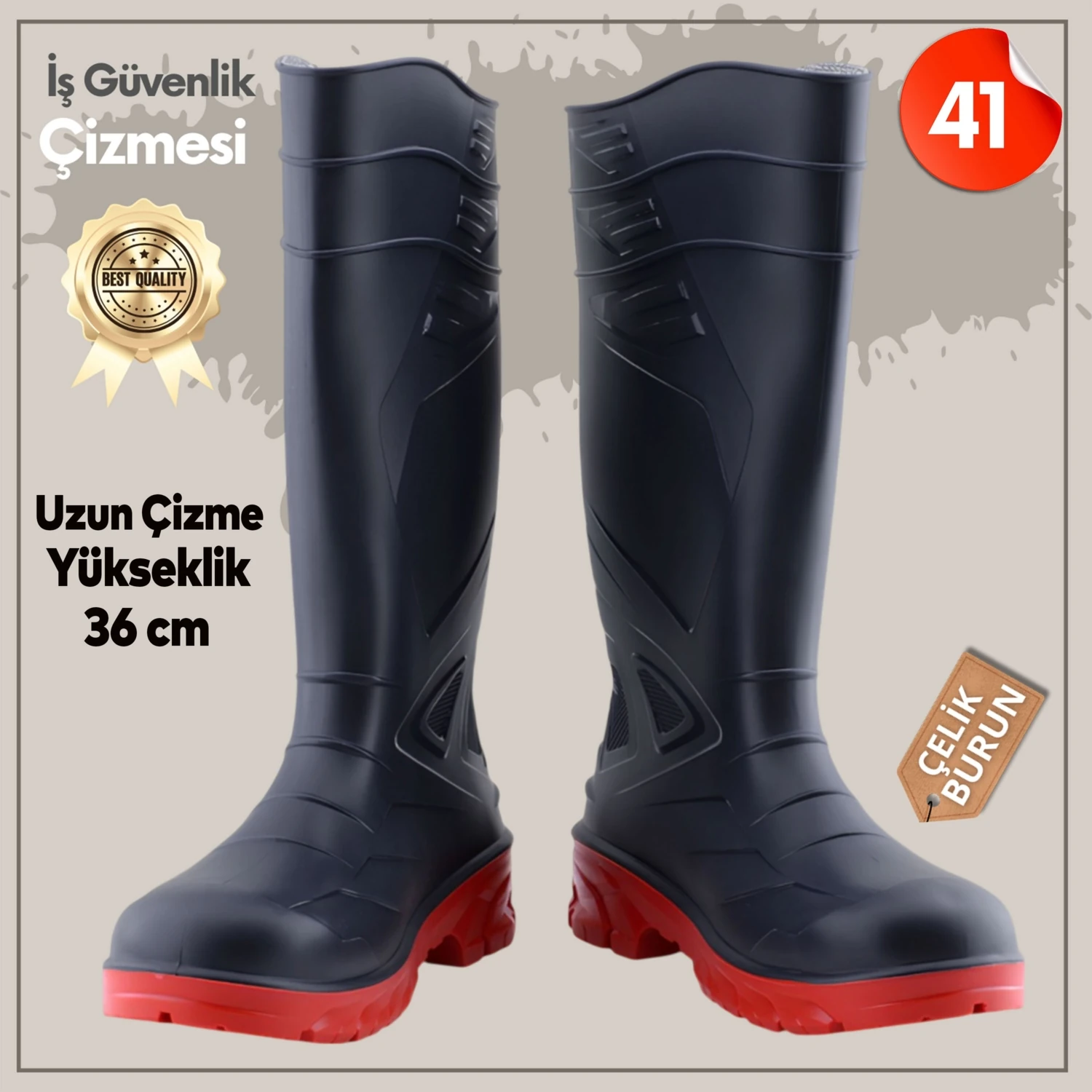 Uzun Çizme Iş Güvenlik Çizmesi Numara 41 Inşaat Tarım Bahçe Kimya Petrol Çiftilik Gaz 36 cm