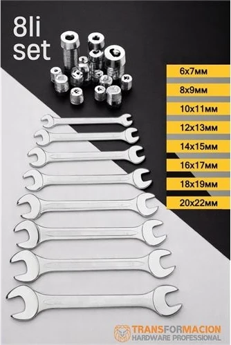 Açık Uçlu Anahtar Seti - Iki Ağızlı Anahtar - Iki Ucu Açık Vanadium Çelik Anahtar 8 Li Set