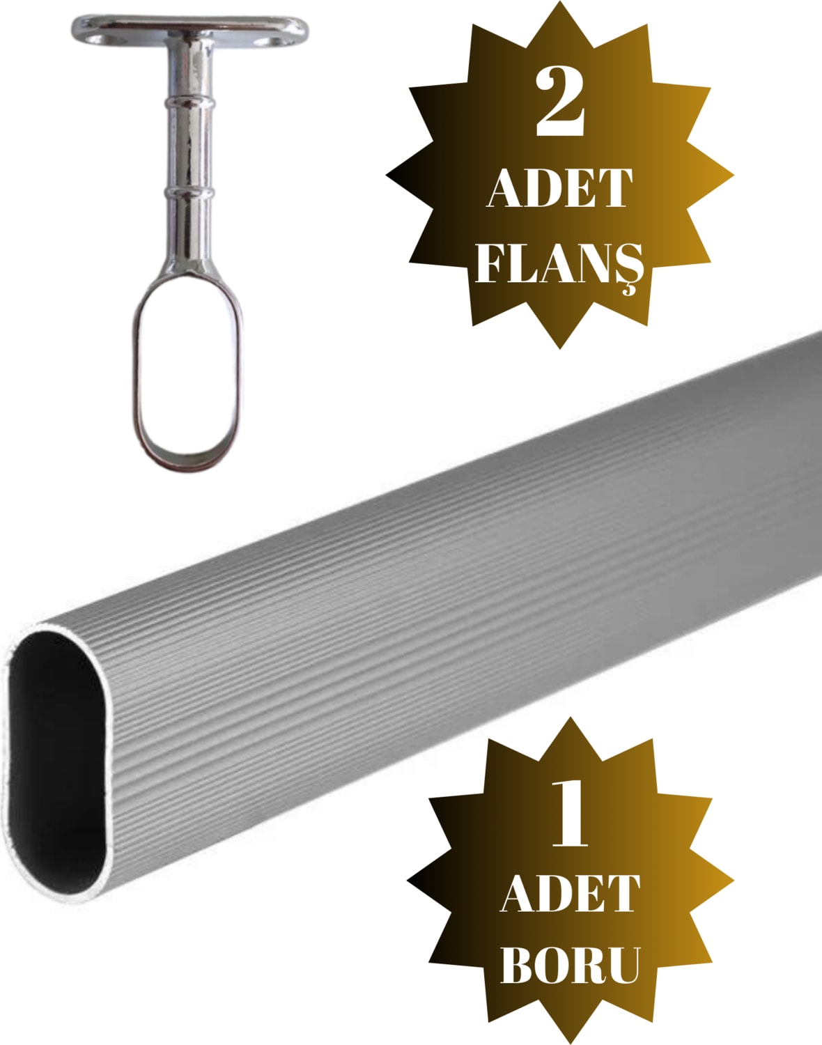 Alüminyum Oval Askı Borusu Mobilya Askı Borusu (2 Adet Ayaklı Açık Flanş 1 Adet Boru) (Alüminyum Oval En:15 mm Boy:25 mm)