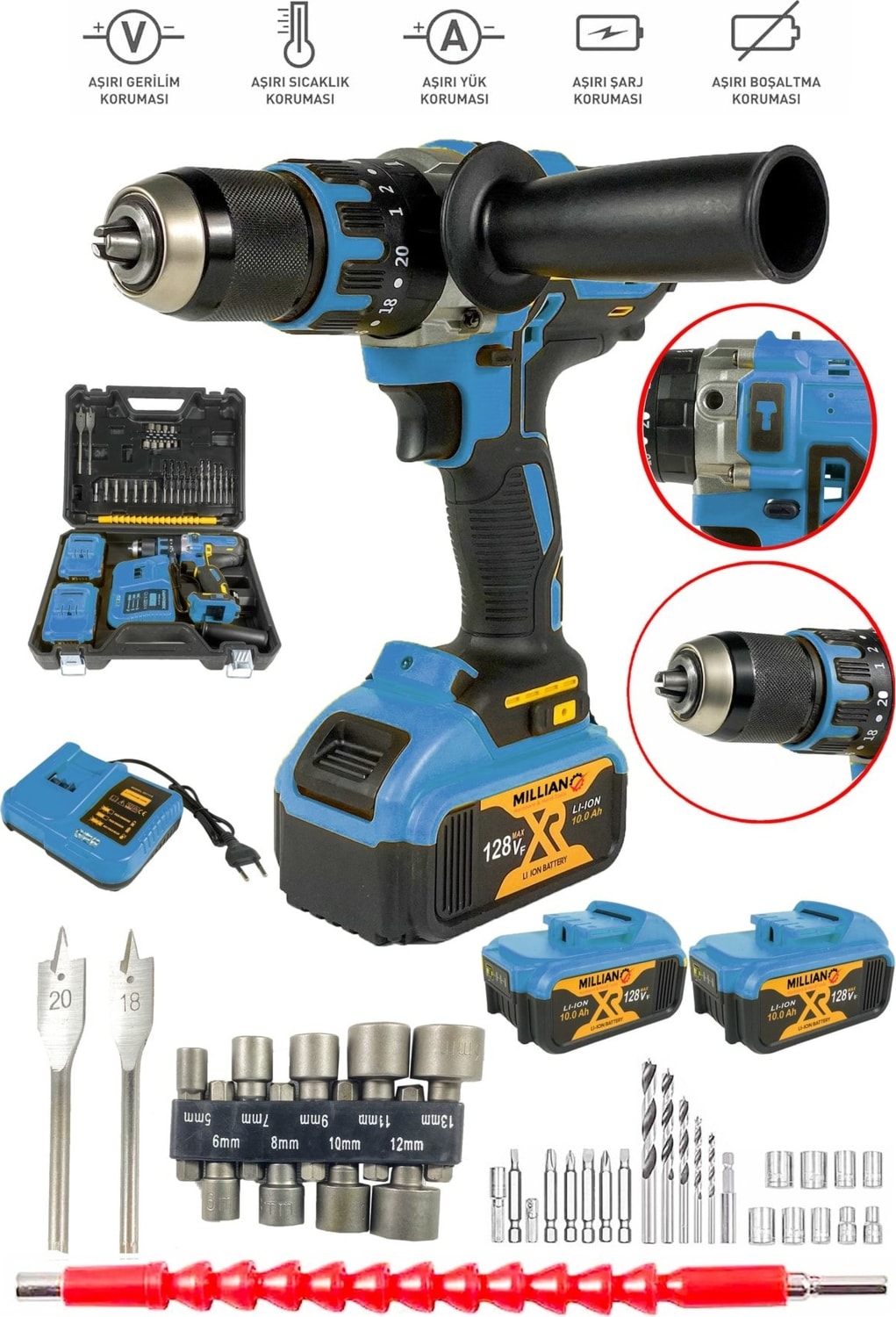 128V 10AH Darbeli Şarjlı Matkap Seti, Çift Akülü, Metal Şanzıman, 39 Parça