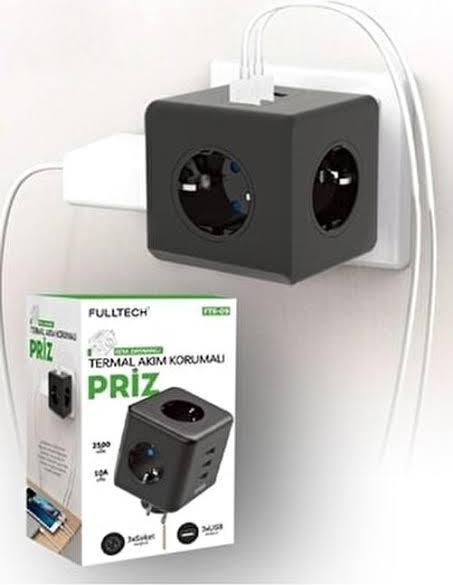 Termal Akım Korumalı Priz, Isıya Dayanıklı, Çocuk Koruması, 3'lü Duvar Tipi, 2 x USB