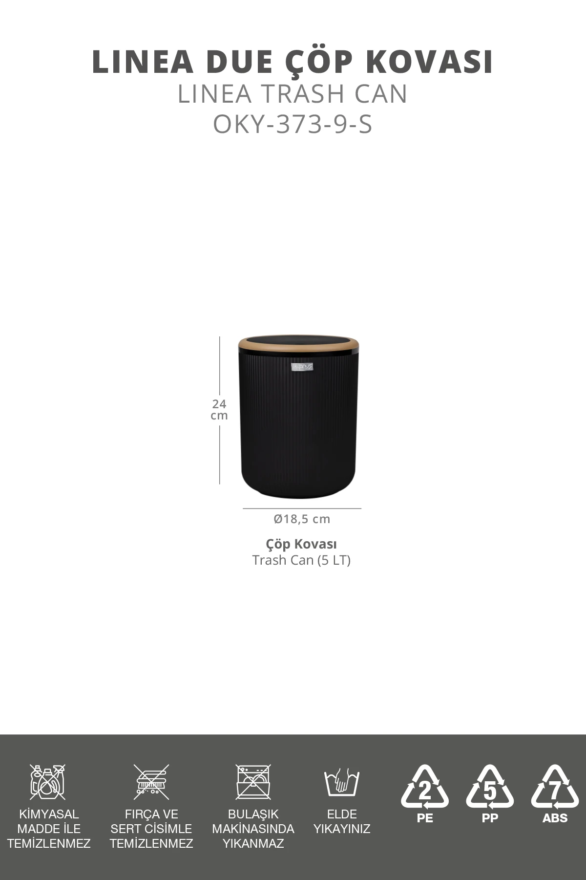 Linea Due Siyah Çizgili Yuvarlak Çöp Kovası
