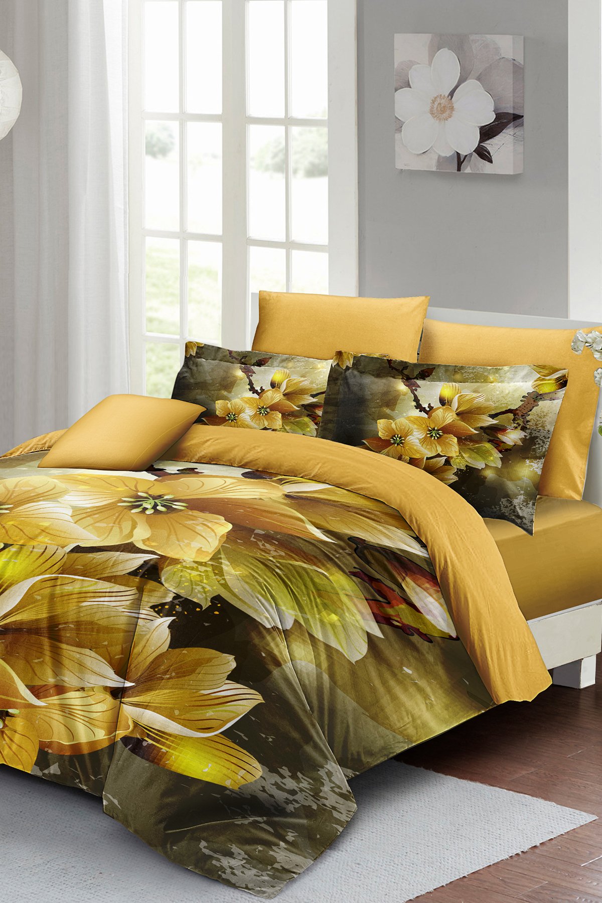 Nevresim Takımı %100 Doğal Pamuk Çift Kişilik 3d Digital Yellow Flowers