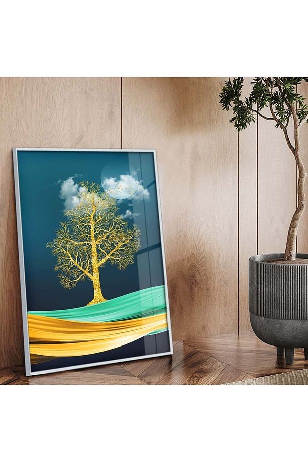 Gümüş Metal Çerçeveli Modern Çizim Doğa Tema Kırılmaz Cam Tablo