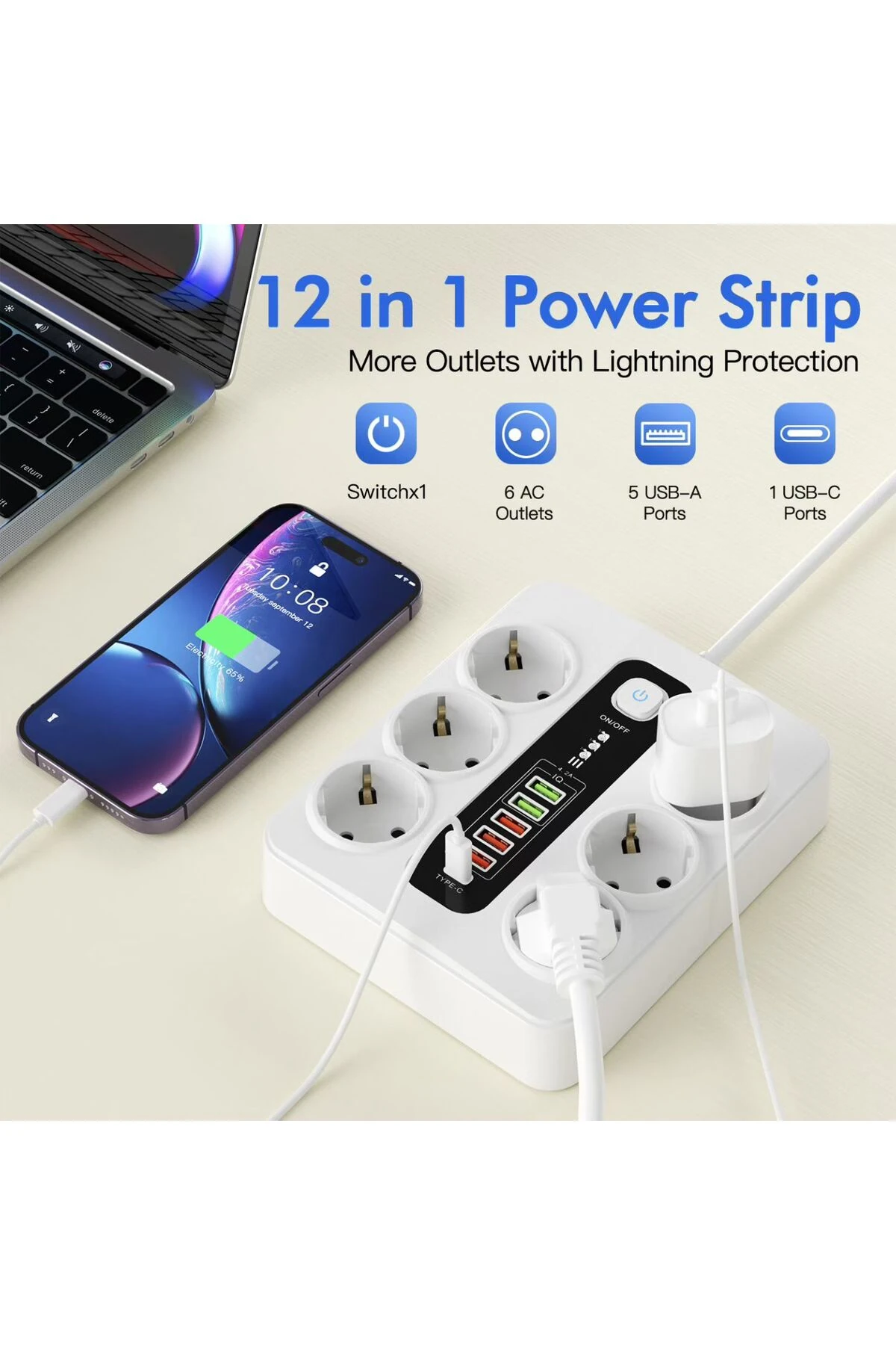 Termal Akım Korumalı 3000W 6’lı Priz – 2m Kablo – 5 USB + 1 Type-C PD Hızlı Şarj Beyaz