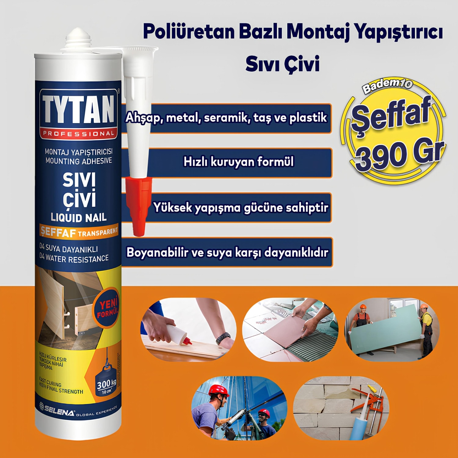 Tytan Montaj Yapıştırıcı Sıvı Çivi 390 gr Su Geçirmez Mutfak Banyo Ahşap Dolap Beton Fayans Mermer