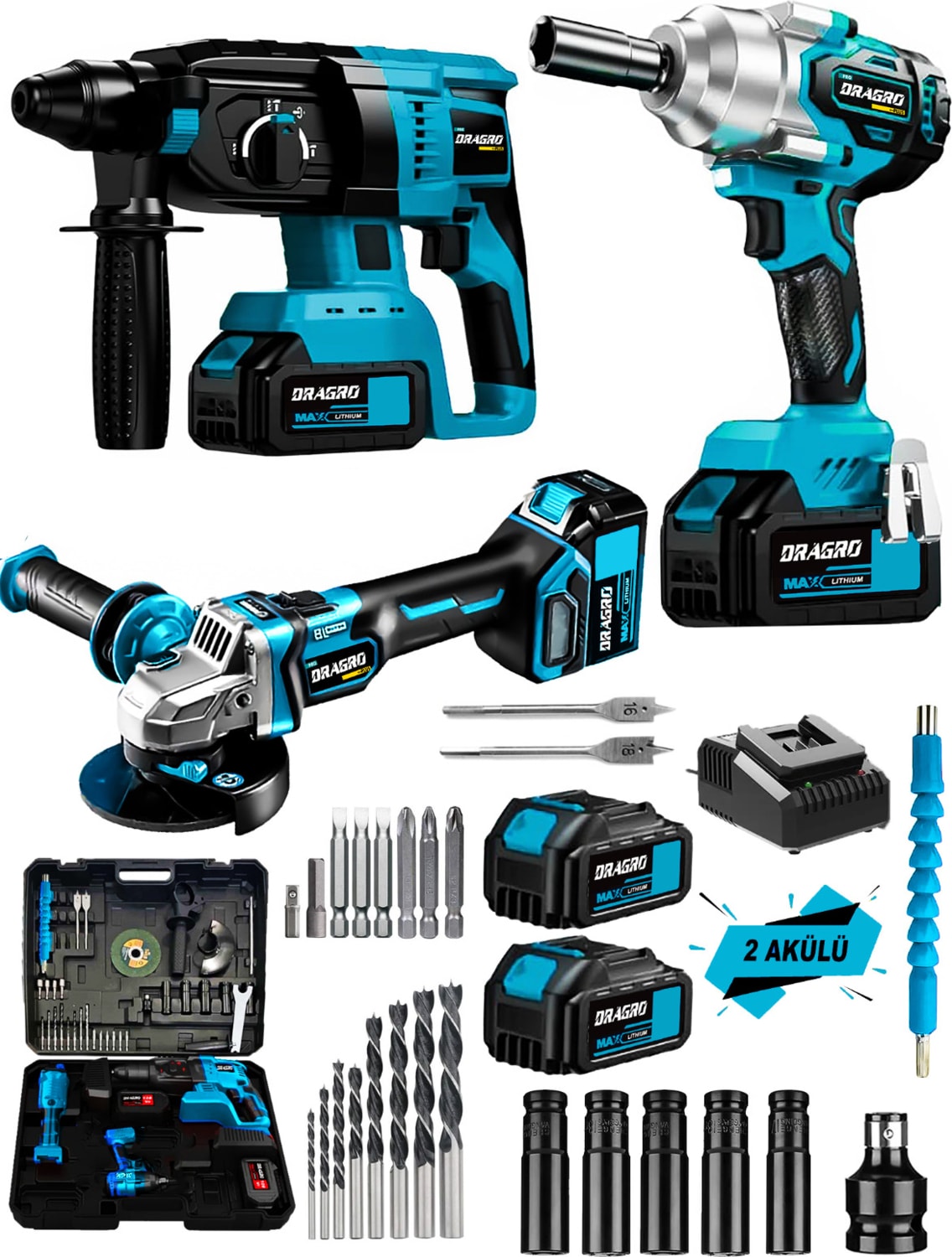 Alman 3x2 Pro 128 V 3'lü Set Kırıcı Delici Somun Sıkma Taşlama Mak 2 Akülü Kömürsüz Full Set