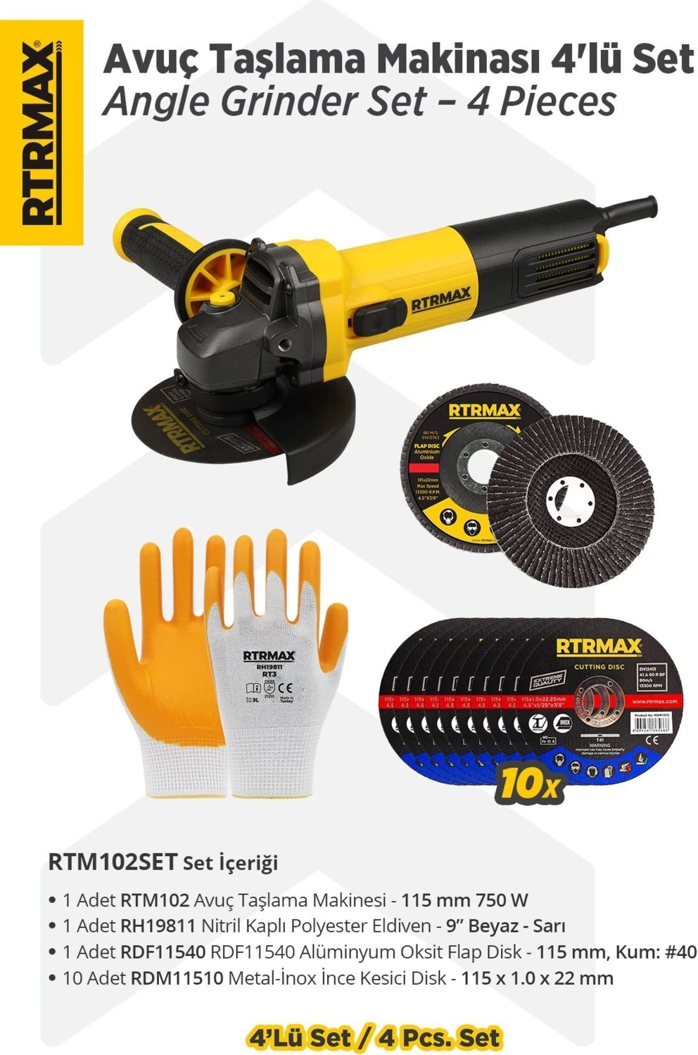 RTM102SET Avuç Taşlama Makinası 4'lü Set - Eldiven-Kesici Disk-Flap Disk