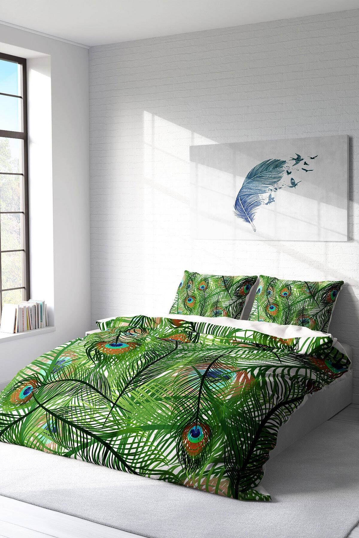 Kıng Sıze Peacock Feathers Naturel Çift Kişilik Nevresim Takımı 220x240cm