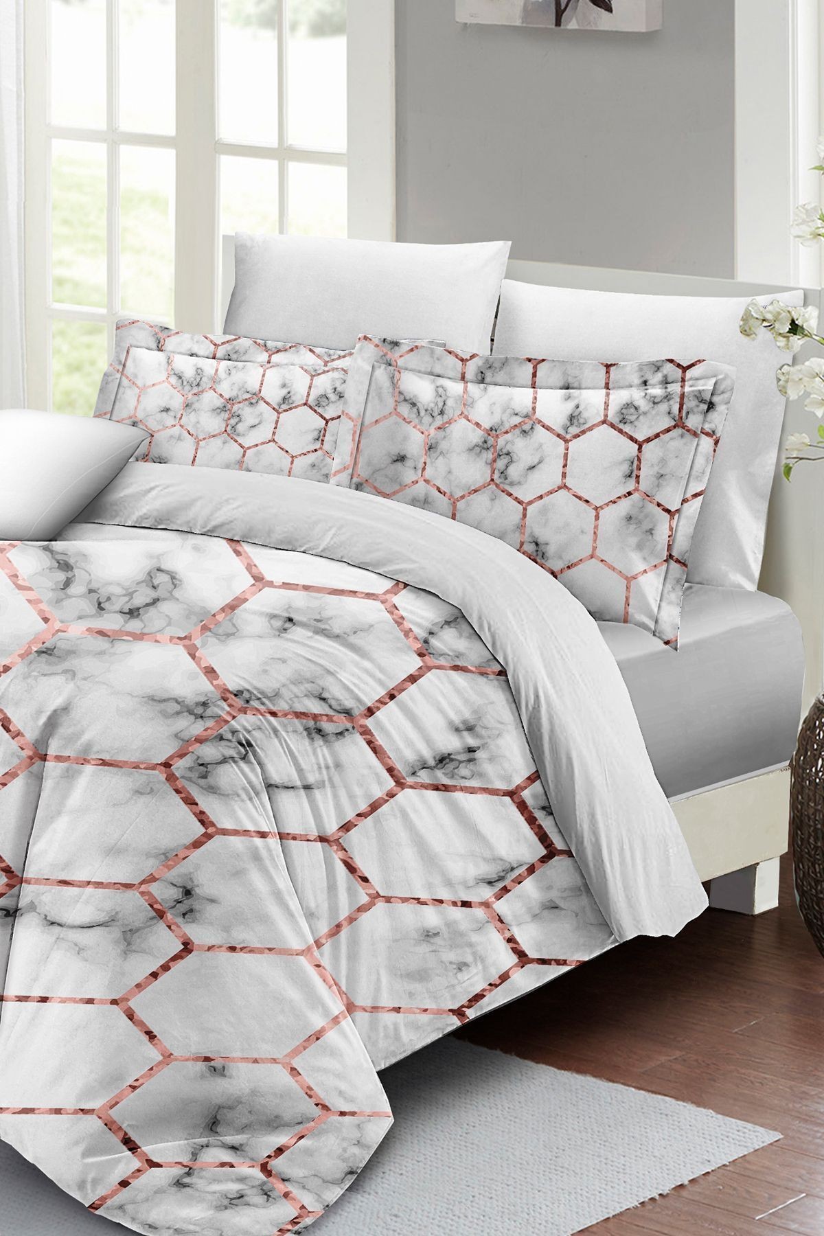Lastikli Çarşaflı %100 Pamuk Saten Çift Kişilik Nevresim Takımı Marble Geo