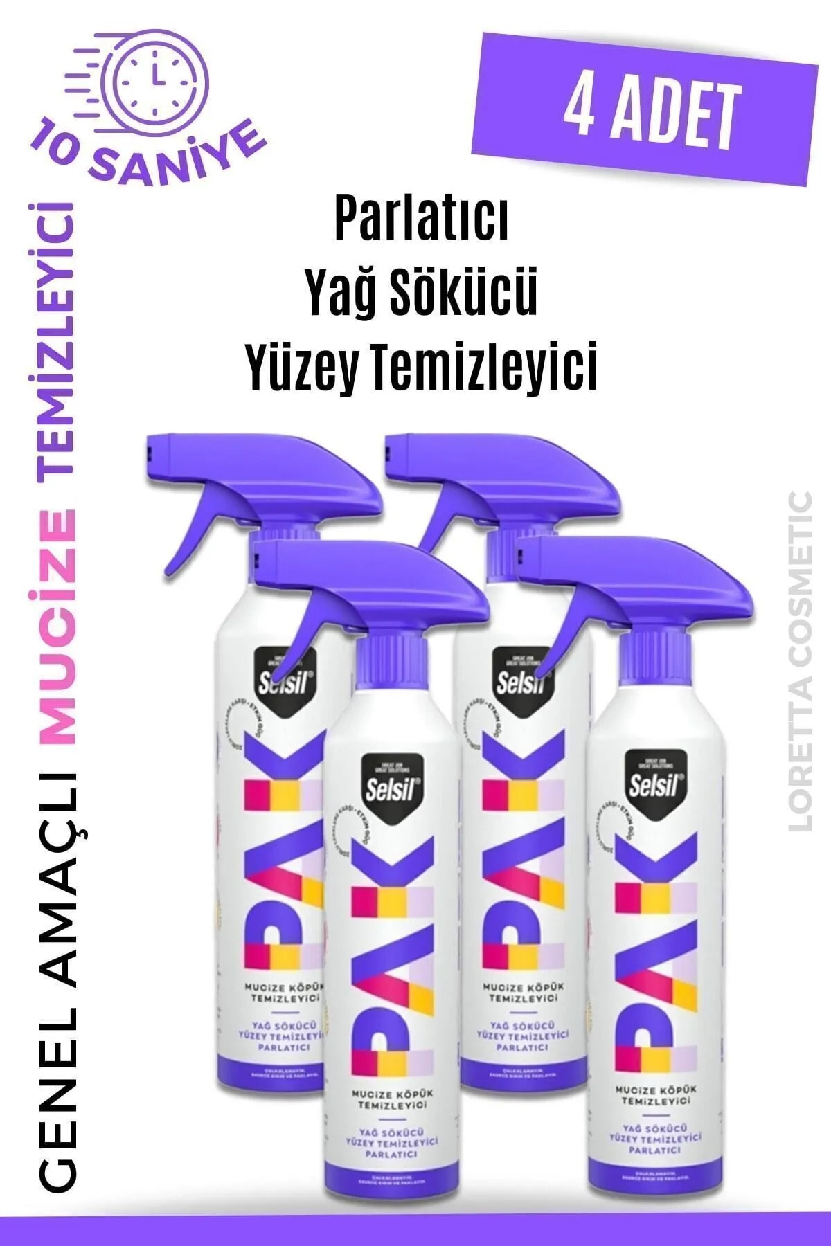 SELSİL Pak 4 Lü 500 Ml Mucize Köpük Temizleyici Sprey Yağ Sökücü Yüzey Temizleyici Parlatıcı Loretta