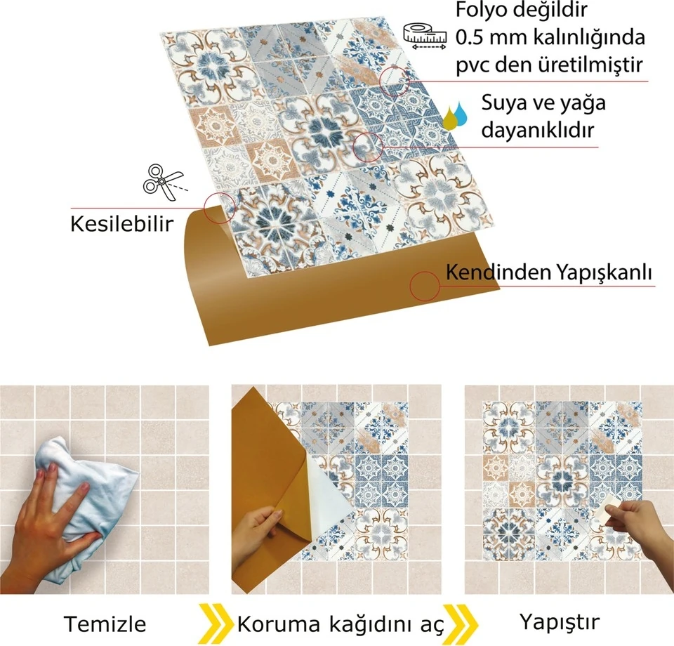 Kendinden Yapışkanlı Mavi Fas 4 Desenli Pvc Karo 30X30 cm (33 Adet) 3m2