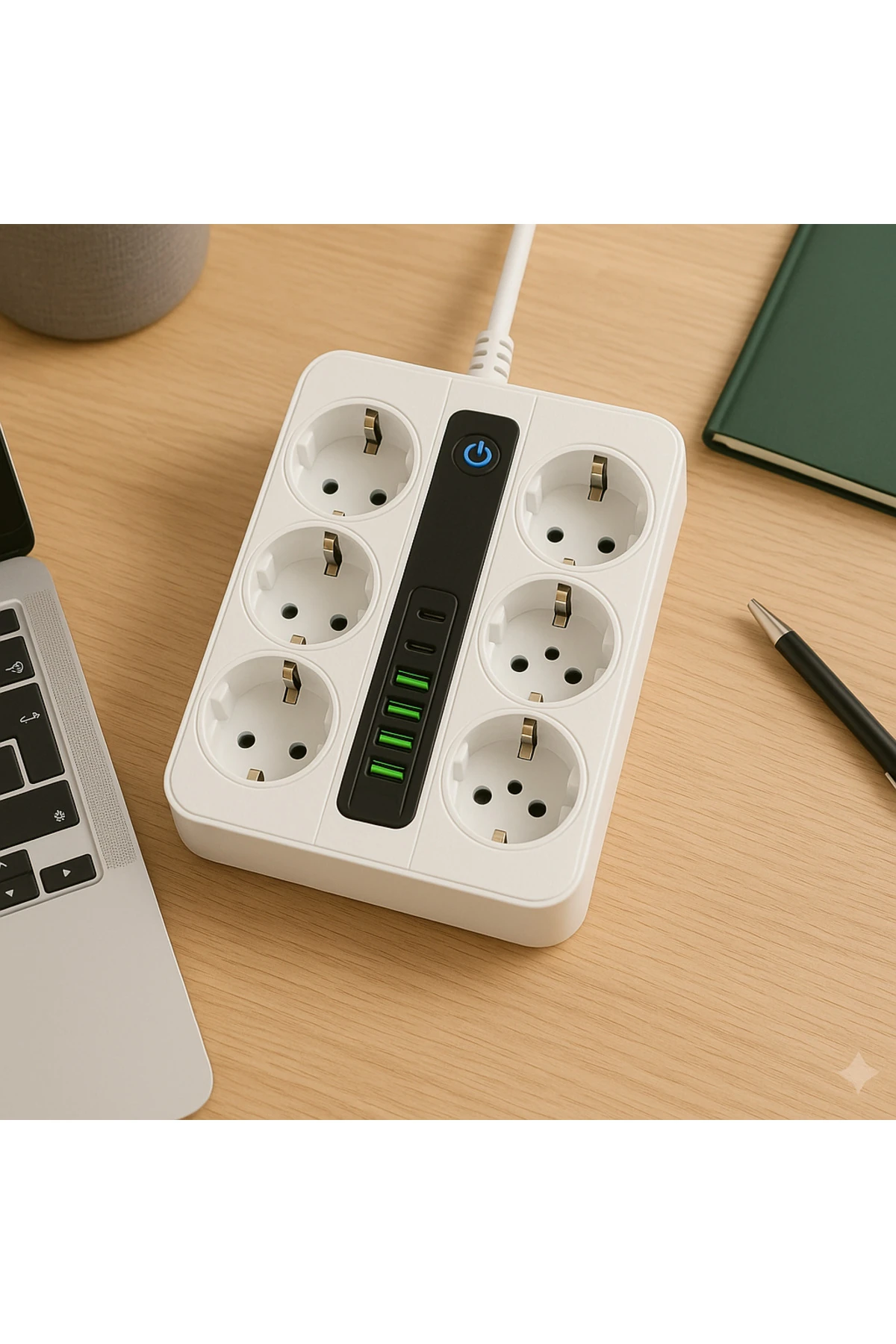 6 Prizli Akıllı Uzatma Kablosu – 4 USB-A + 2 Type-C Hızlı Şarj Çıkışlı Akım Korumalı , 2 Metre Kablo