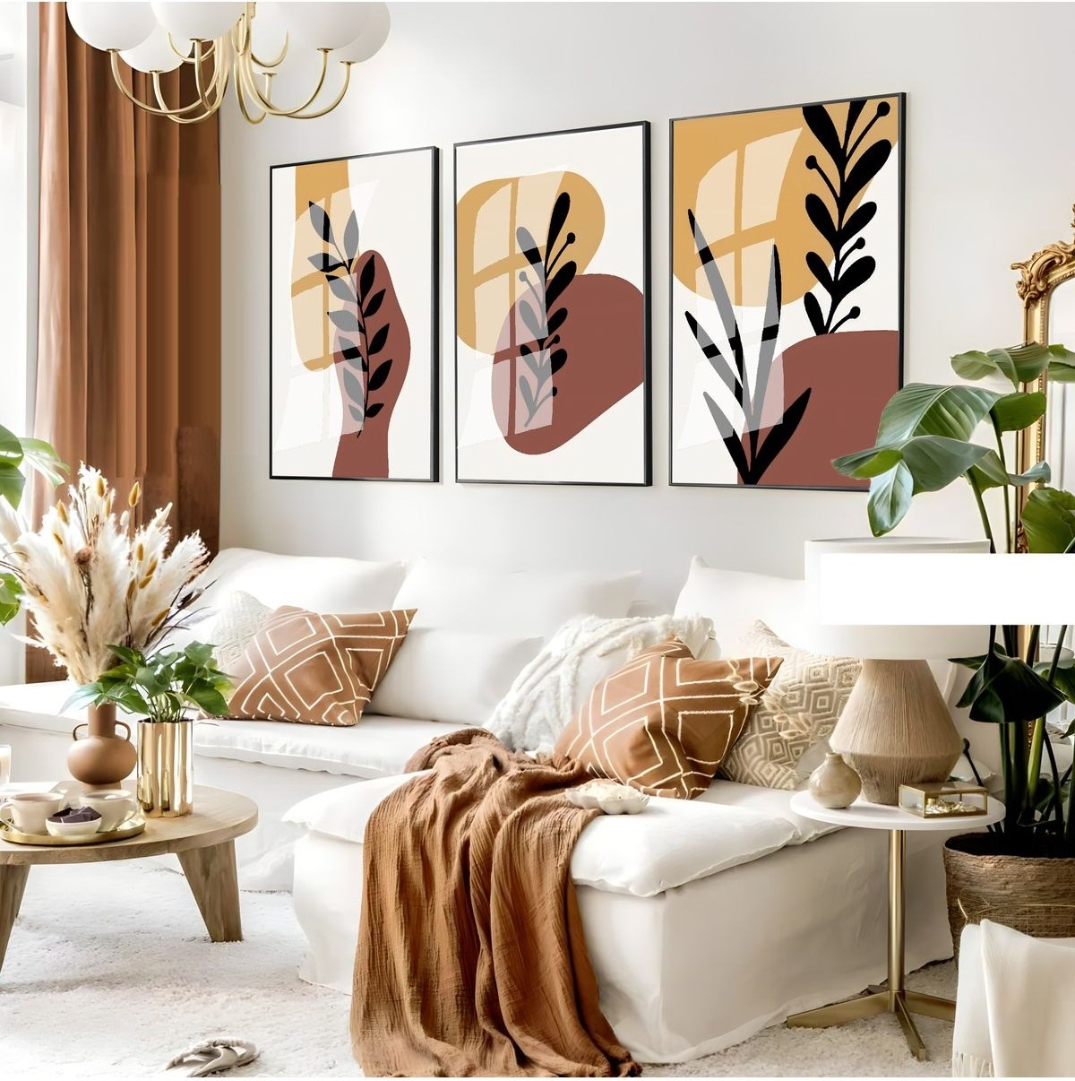 |soft Sarı-Kahve Minimalist Yapraklı Set 04 |çerçeveli Cam Tablo 3lü Dikey