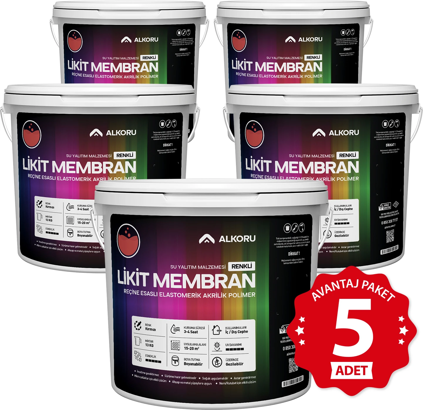 5 Adet 13 kg Kırmızı Likit Membran Renkli Reçine Esaslı Sıvı Su Yalıtım Malzemesi Avantaj Paket